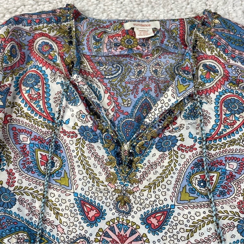 Sundance Silk Paisley floral Blouse Sequins Beads Boho Gypsy Hippie Petite Med